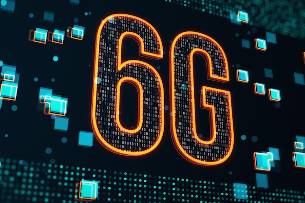 Red de nuevas generaciones y concepto de internet móvil de alta velocidad con símbolo naranja digital 6g en fondo oscuro con píxeles azules alrededor de la representación 3D