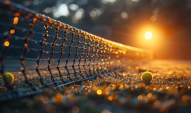 una red con una pelota en ella y el sol detrás de ella