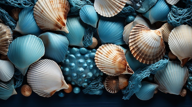 Red de pesca de conchas marinas y tablero de madera azul plano