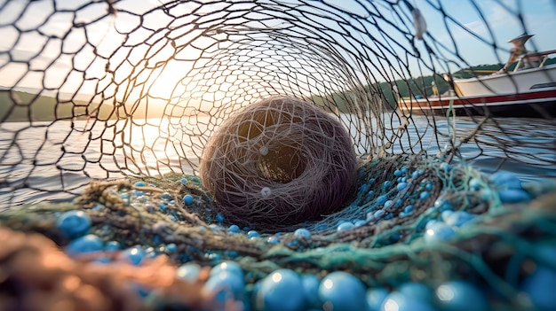 Red de pesca en el mar al atardecer Pesca sostenible y conservadora Generativa ai