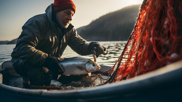 Foto la red de pesca recogiendo una presa preciada congelando el momento del triunfo en una aventura de pescadores