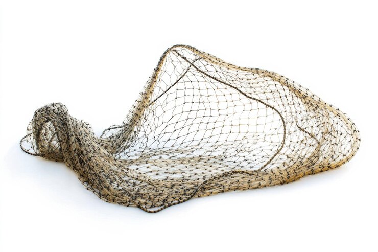 Red de pesca vacía sobre un fondo blanco que representa la industria pesquera y la conservación de los océanos