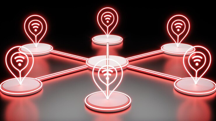 Foto una red de pines de ubicación conectados a wi-fi rojo