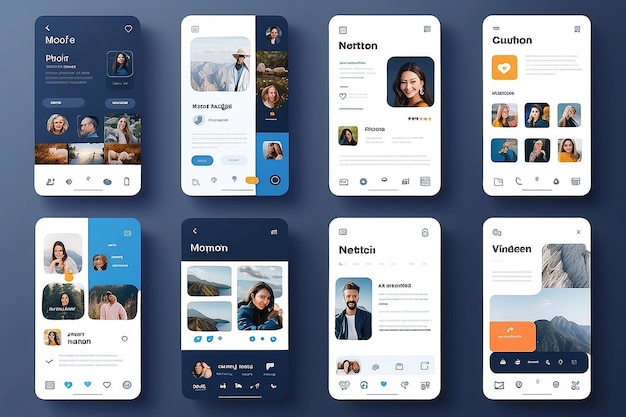 Red de redes sociales Aplicación móvil con fotos y plantilla de azulejos de historias