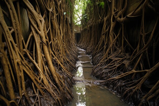 Foto una red de ríos y arroyos subterráneos que excavan túneles debajo del suelo de la jungla