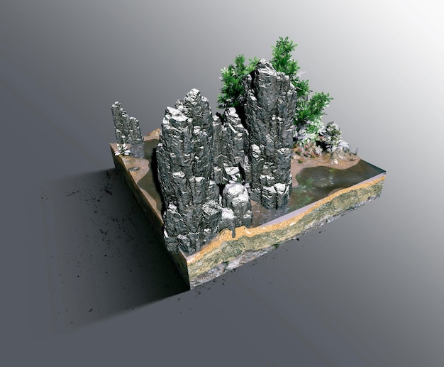 Red Rock Mountains com árvores em terra flutuante renderização 3d de verdes naturalmente com rochas