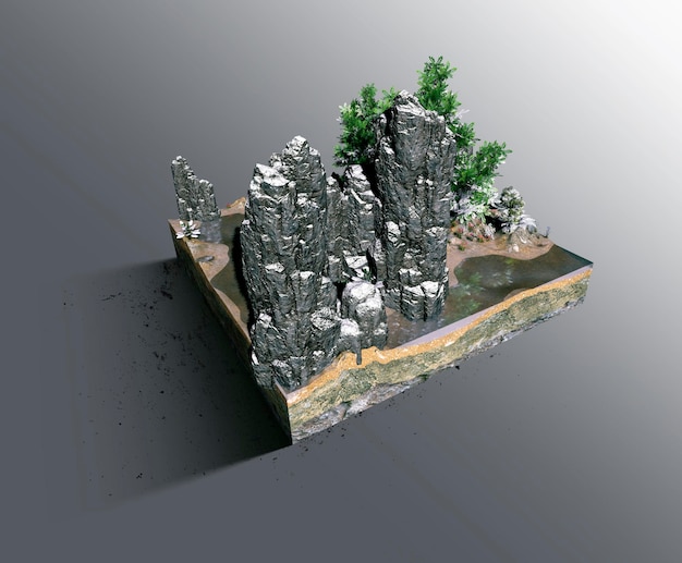 Red Rock Mountains mit Bäumen auf schwimmenden Landstücken 3D-Rendering von natürlich grünen mit Felsen