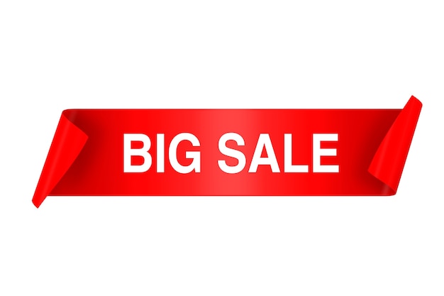 Foto red satin ribbon banner mit big sale sign auf weißem hintergrund. 3d-rendering