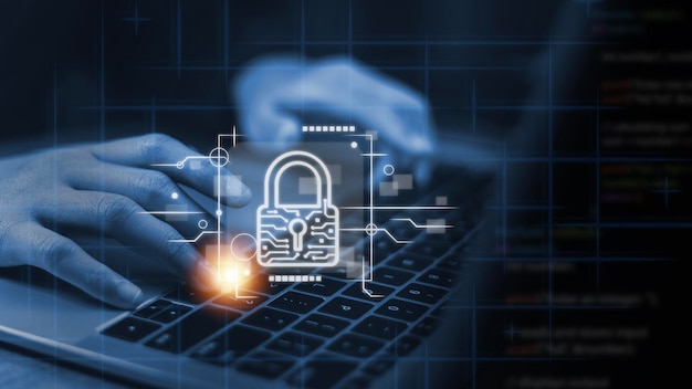 Red de seguridad cibernética Concepto de protección de datos Empresario que utiliza una computadora portátil con candado digital en redes de tecnología de Internet con computación en la nube y ciberseguridad de gestión de datos