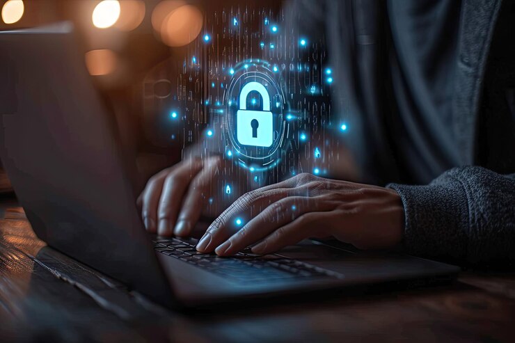 Red de seguridad cibernética Concepto de protección de datos Los empresarios utilizan computadoras portátiles y tabletas digitales