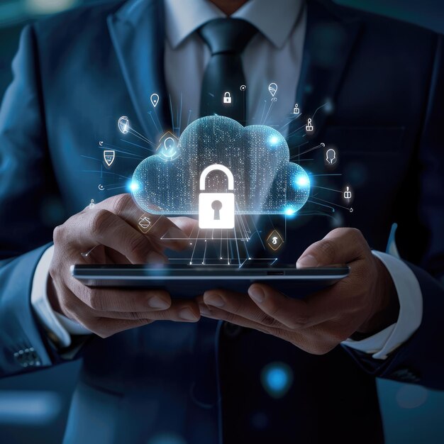 Red de seguridad cibernética Concepto de protección de datos Los empresarios utilizan computadoras portátiles y tabletas digitales