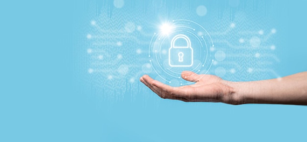Red de seguridad cibernética Icono de candado y redes de tecnología de Internet Empresario que protege datos de información personal en tabletas e interfaz virtual Concepto de privacidad de protección de datos GDPR UE