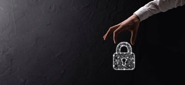 Red de seguridad cibernética Iconos de bloqueo y redes de tecnología de Internet Empresario que protege datos Información personal en tableta e interfaz virtual Concepto de privacidad de protección de datos GDPR UE