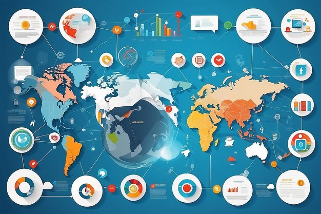 Foto red social varias formas brillantes pictogramas establecidos con el mapa del mundo en las redes informáticas globales