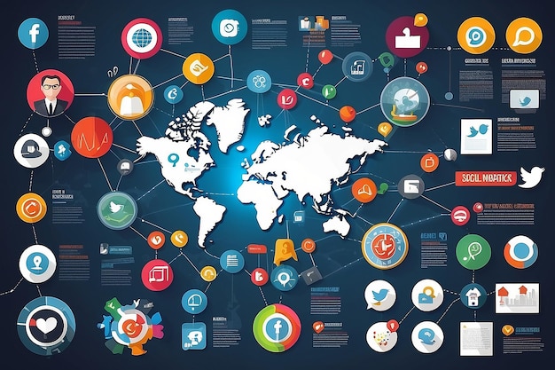 Foto red social varias formas brillantes pictogramas establecidos con el mapa del mundo en las redes informáticas globales