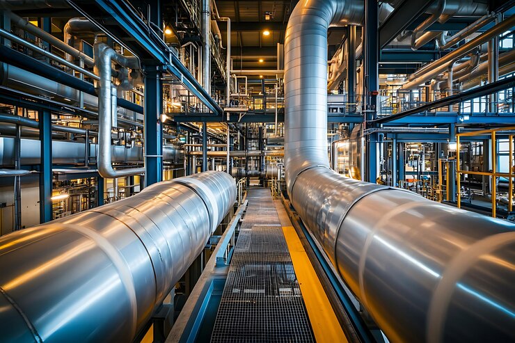Red de tuberías industriales en una fábrica moderna con infraestructura de alta tecnología