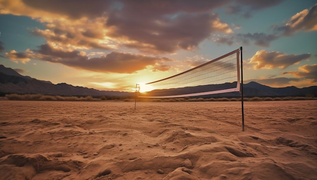 Red de voleibol en el desierto al atardecer con IA generada