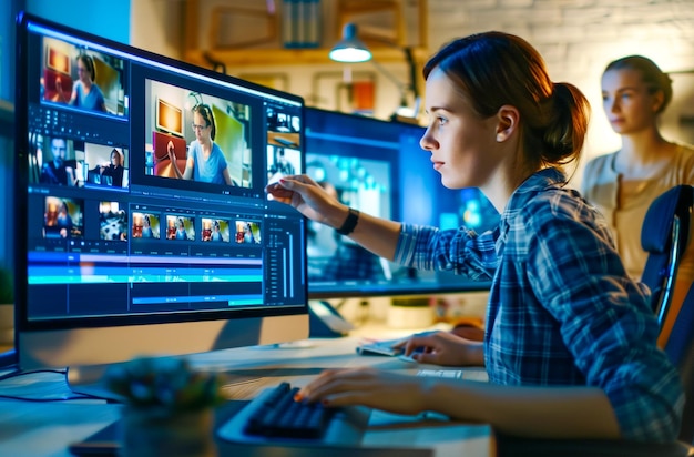 Redactor de video femenino trabajando en imágenes creativas
