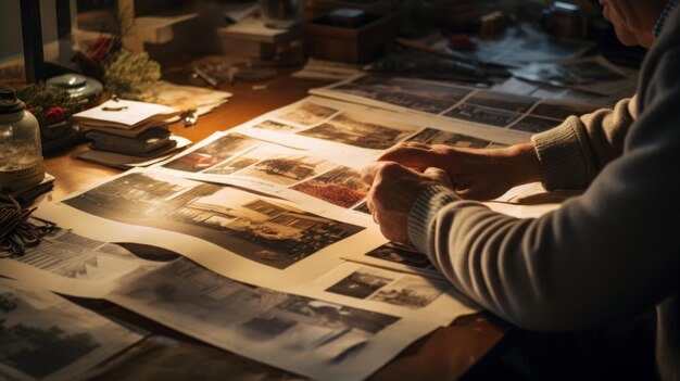 Foto redakteur arrangiert eine vintage-foto-collage auf dem zeichentisch mit nostalgischer weicher beleuchtung