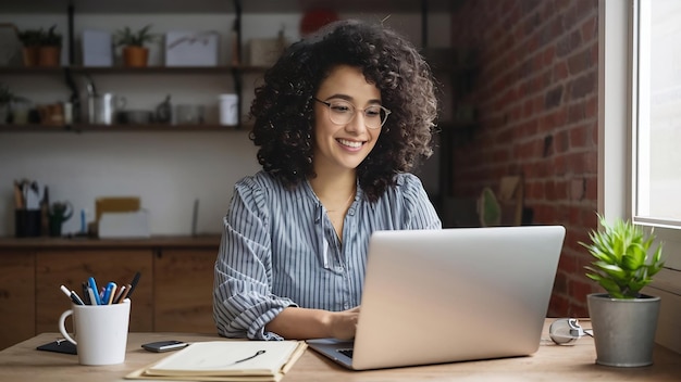 Redator freelance sorridente usando laptop trabalhando em casa