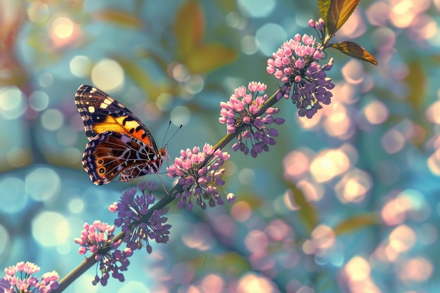 Foto redbud-baum blüht mit schmetterling im morgensonnenlicht