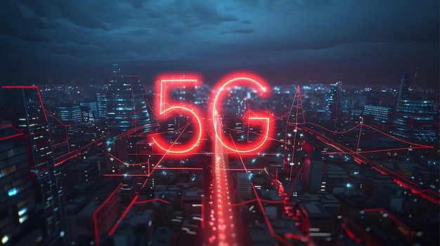 rede 5G com letras de néon brilhantes sobre a cidade de fundo da noite renderização 3D