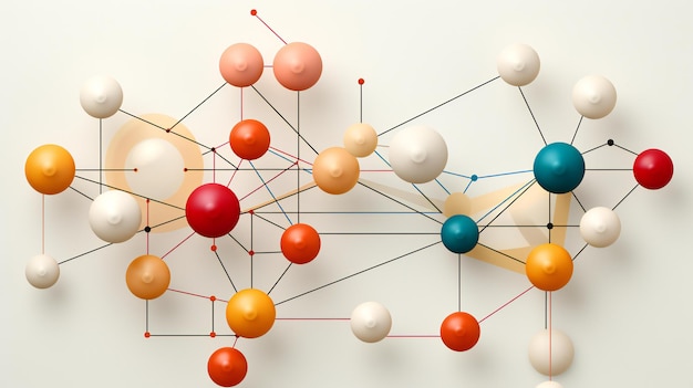 Rede complexa de esferas conectadas por linhas que representam uma estrutura molecular colorida