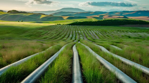 Rede de canos em meio a colinas verdes para a gestão de recursos Conceito Infraestrutura da natureza Sustentabilidade Gestão de recursos Tecnologia verde