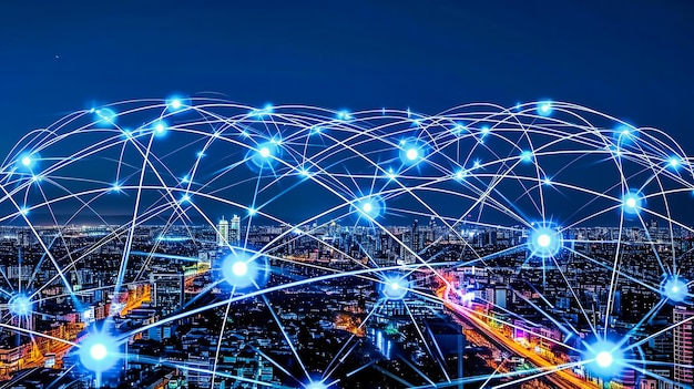 Foto rede de conectividade digital moderna e comunidade numa cidade tecnologicamente avançada