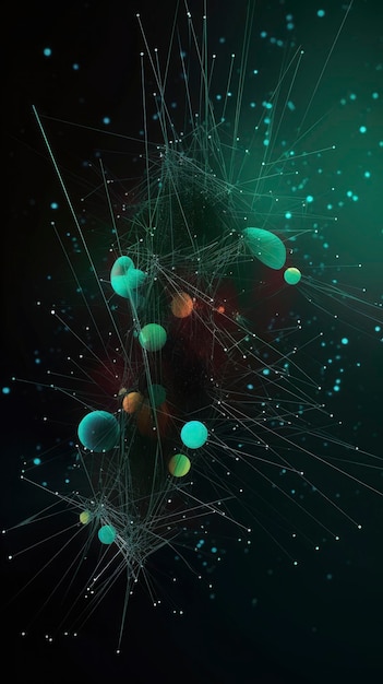 Rede de dados colorida e elementos de conexão em um fundo preto Generative ai