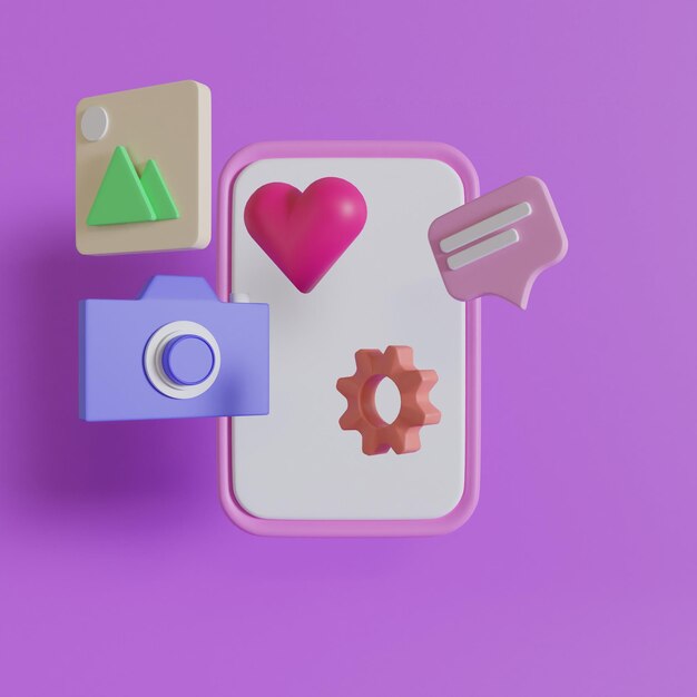 Rede de mídia social de smartphone 3D abstrata mídia social e tecnologia ícone 3d câmera coração configuração bate-papo com foto em ilustração de renderização de fundo roxo