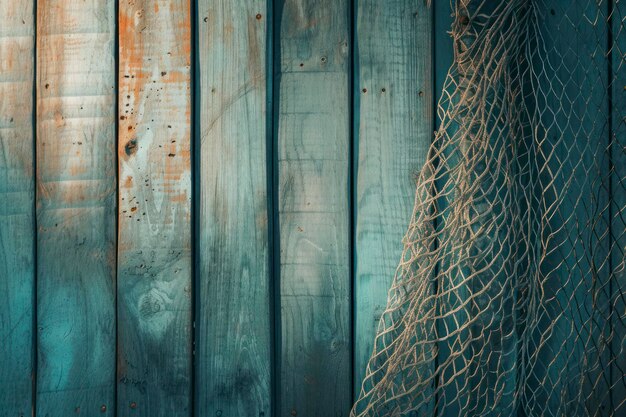 Foto rede de peixe pendurada na parede de madeira espaço de cópia