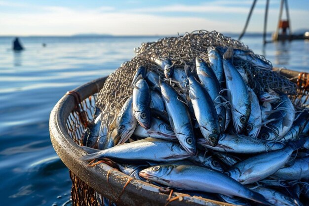 Foto rede de pesca com o arenque fresco do pacífico clupea pallasii captura indústria de pesca no extremo leste da