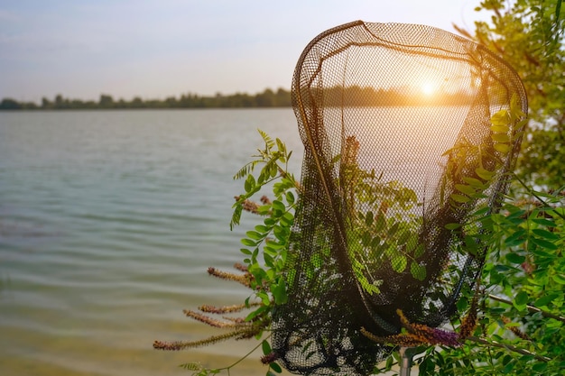 Rede de pesca de fundo de pesca no lago em um dia ensolarado ao pôr do sol