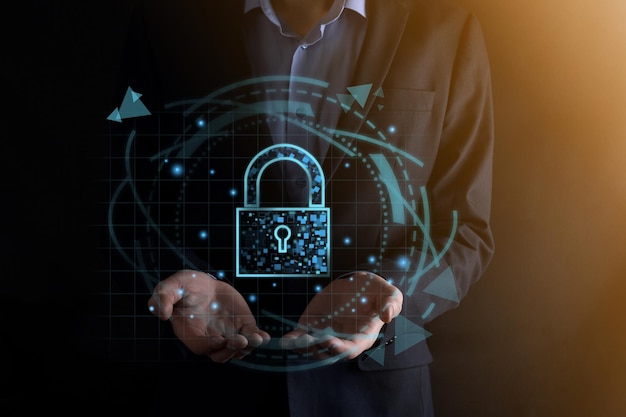 Rede de segurança cibernética Ícone de cadeado e rede de tecnologia da Internet Empresário protegendo dados de informações pessoaisinterface virtual Conceito de privacidade de proteção de dados GDPR EUcrime digital