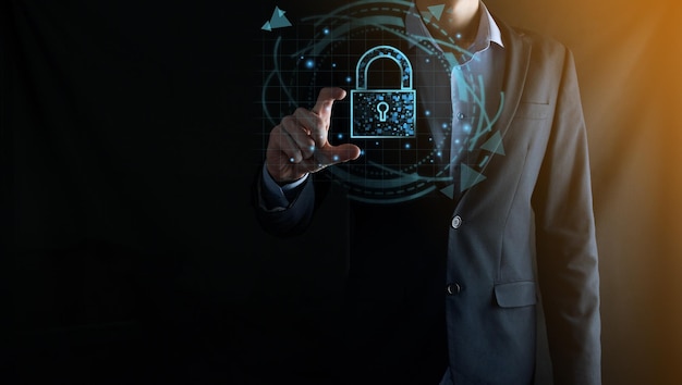 Rede de segurança cibernética Ícone de cadeado e rede de tecnologia da Internet Empresário protegendo dados de informações pessoaisinterface virtual Conceito de privacidade de proteção de dados GDPR EUcrime digital