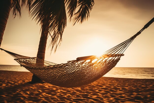 Foto rede de vime na praia com palmeiras ao pôr do sol, criada usando tecnologia generativa de ia