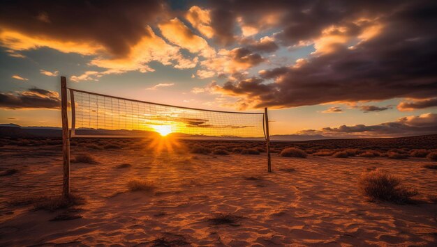 Rede de vôlei no deserto ao pôr do sol com IA gerada