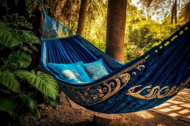 Rede exótica azul para relaxar e ler na natureza