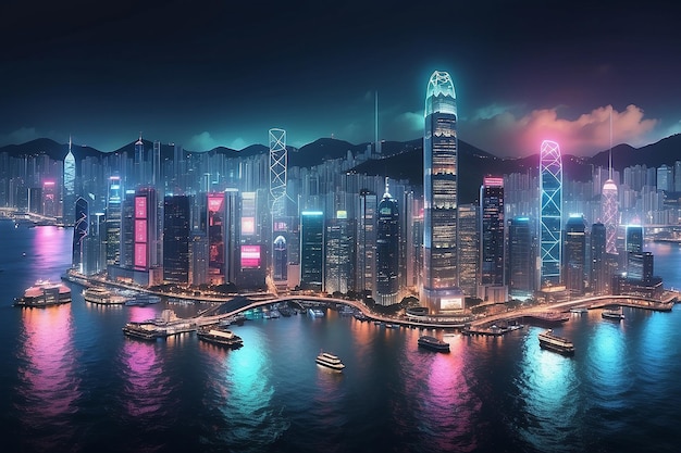 Rede inteligente e conceito de tecnologia de conexão Cidade digital de Hong Kong fundo à noite no porto de Victoria