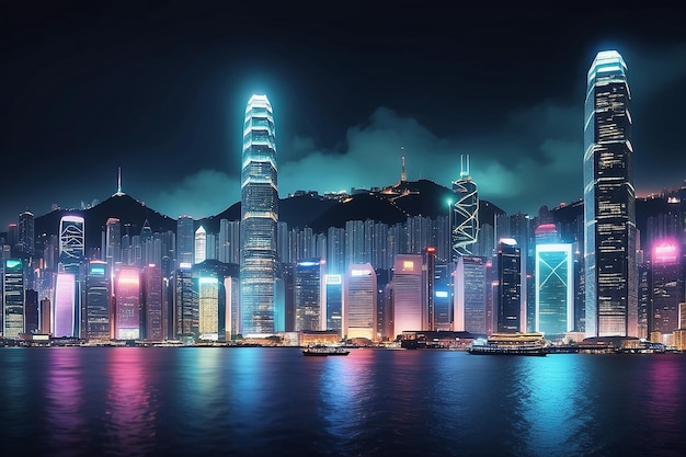 Rede inteligente e conceito de tecnologia de conexão Cidade digital de Hong Kong fundo à noite no porto de Victoria