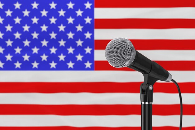Rede-Mikrofon-Ständer gegen verschwommene USA-Flagge extreme Nahaufnahme. 3D-Rendering