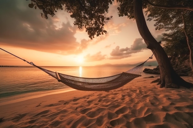 Rede na praia ao pôr do sol Belo fundo da natureza Generative ai