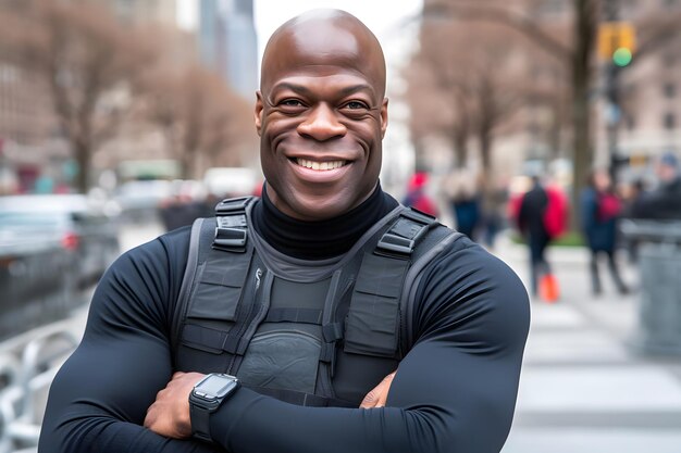 Rede neural de policial afro-americano feliz e sorridente gerada por IA