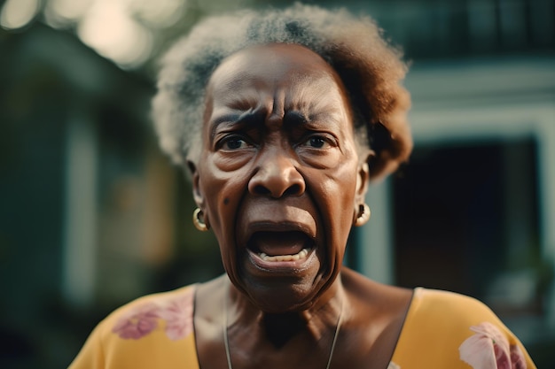 Rede neural de retrato de mulher idosa afro-americana irritada gerou imagem fotorrealista