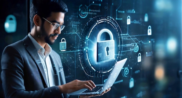 rede para segurança cibernética noção de proteção de dados um empresário com um laptop
