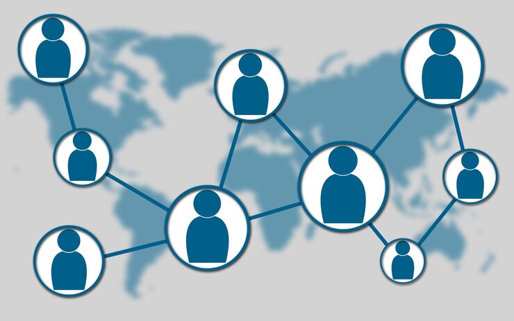 Rede social no fundo azul do mapa do mundo