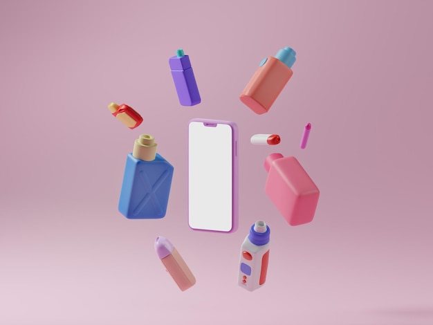Rede Social Post Vapes cercado com elementos flutuantes de Vapes em fundo rosa ilustração 3d de design minimalista