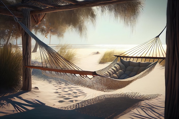 Foto rede vazia na praia paradise island relaxe ilustração de ia generativa abstrata de férias