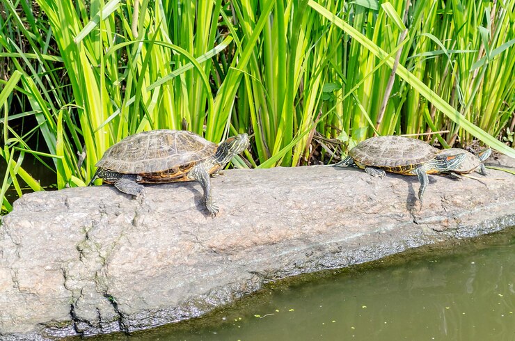 Foto redeared tortugas en las rocas del lago del norte en central park, nueva york, ee.uu.